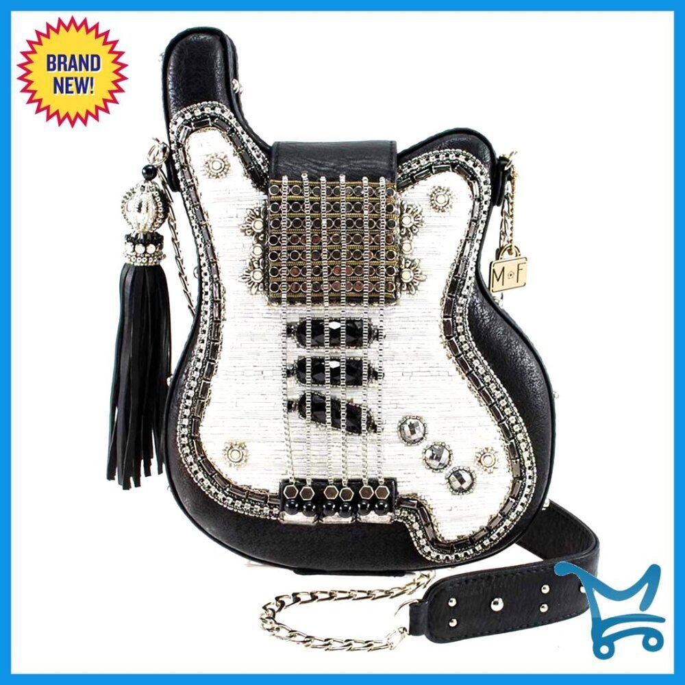 Beaded Guitar Crossbody Bag, Music-Themed Evening Handbag with Magnetic Closure